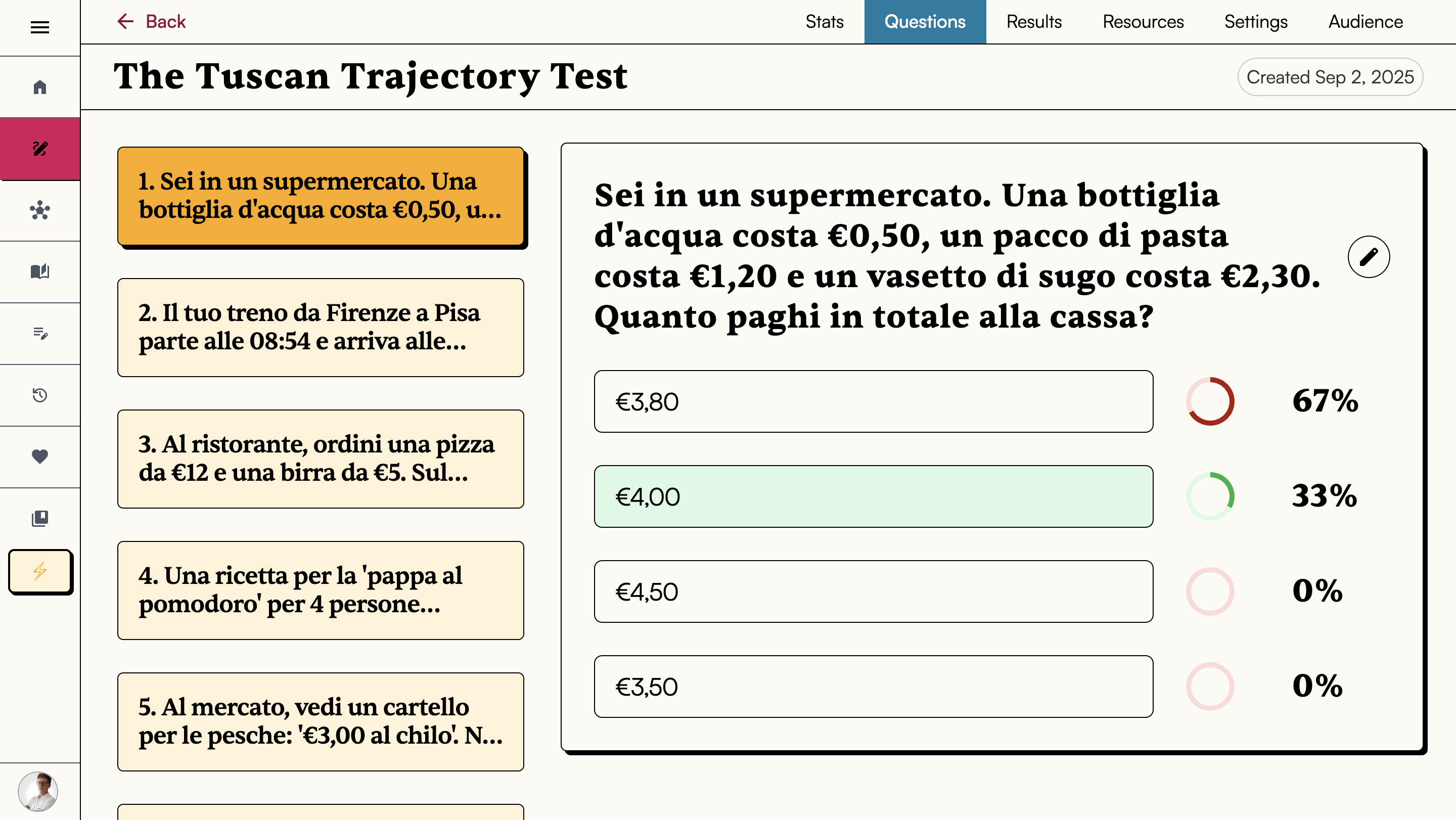 Questions heatmap based on users answers. Available at https://app.examsocial.shop/create